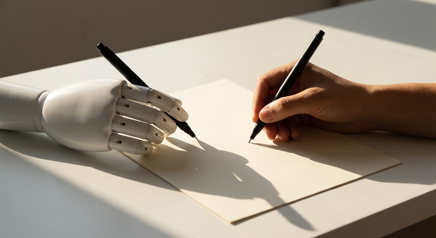 Content marketer reviewing and editing AI-generated text on a monitor